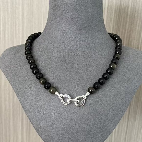Annika Inez925 sterling silver handmade obsidian crystal beaded lock necklace st - Picture 4 of 5